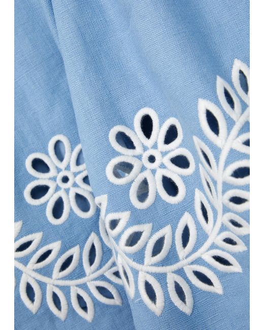 Zimmermann Blue Junie Floral-embroidered Linen Shorts