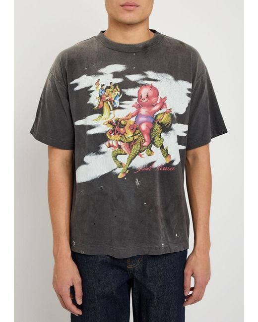 SAINT Mxxxxxx Gray Damaged Printed Cotton T-Shirt for men