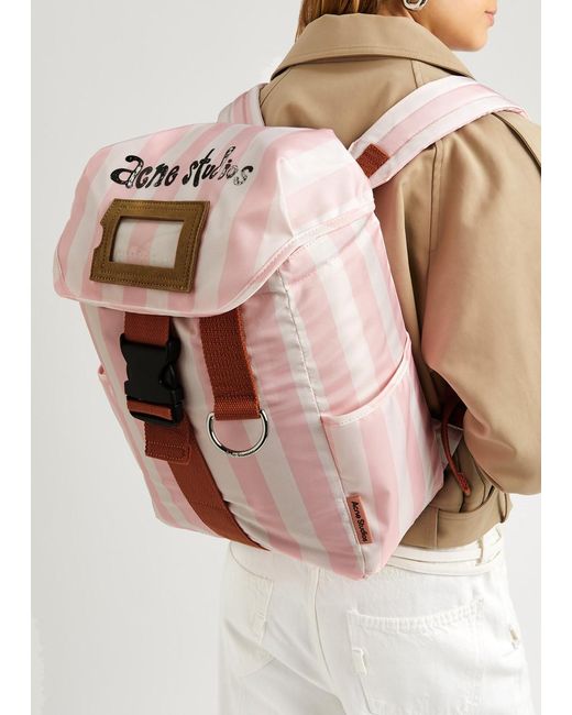 Acne White Logo Striped Canvas Backpack