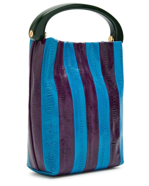 Dries Van Noten Blue Crisp Striped Glossed Leather Top Handle Bag