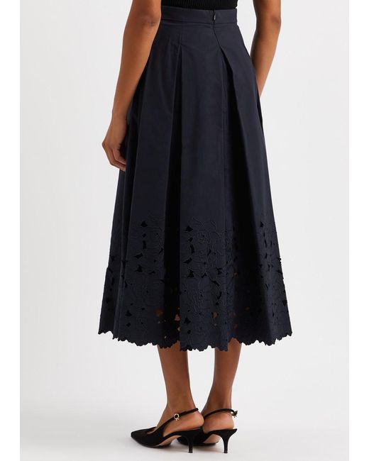 Erdem Blue Floral Cut-work Cotton-blend Midi Skirt