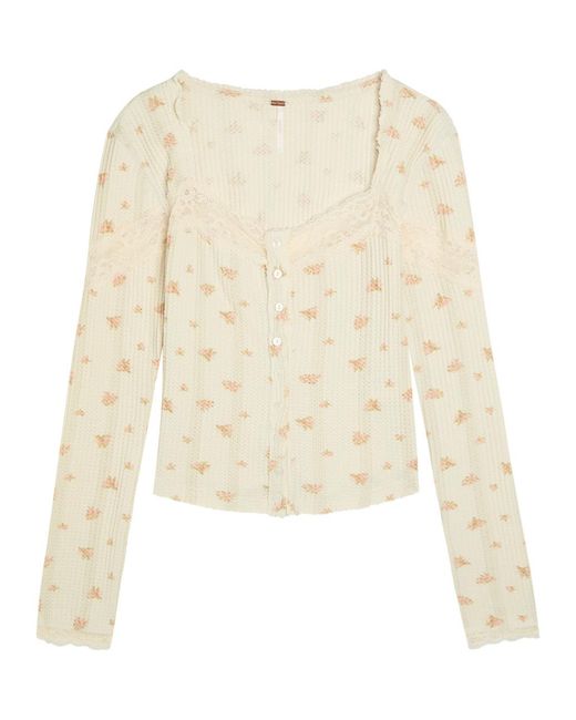 Free People Natural Lets Party Cardi Floral-Print Cotton Top