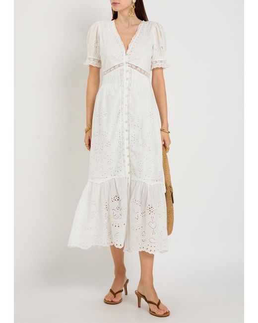 LoveShackFancy White Tarragon Embroidered Cotton Midi Dress