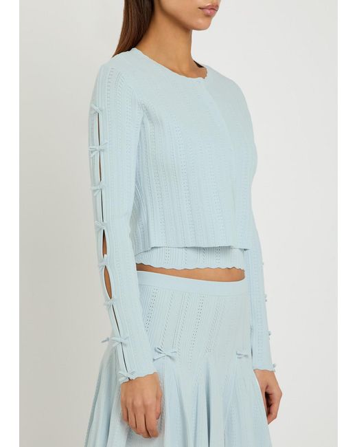 LoveShackFancy Blue Zoriah Bow-Appliquéd Pointelle-Knit Cardigan