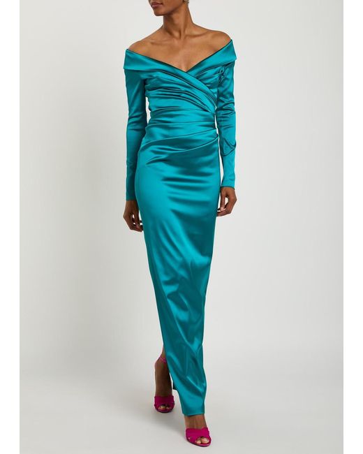 Talbot Runhof Blue Off-The-Shoulder Gathered Satin Maxi Dress