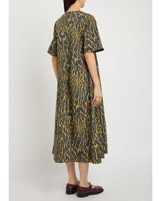 ganni green leopard dress Ganni Leopard Print Crispy Jacquard Puff-sleeve Midi Dress In Olive