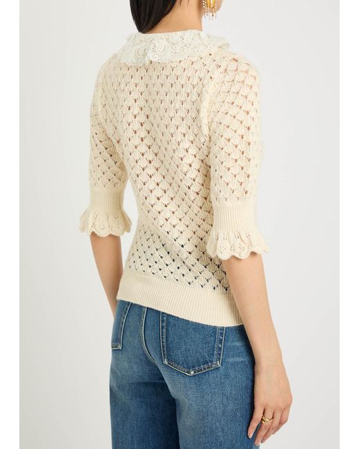 Chloé Natural Lace-Embellished Pointelle-Knit Top