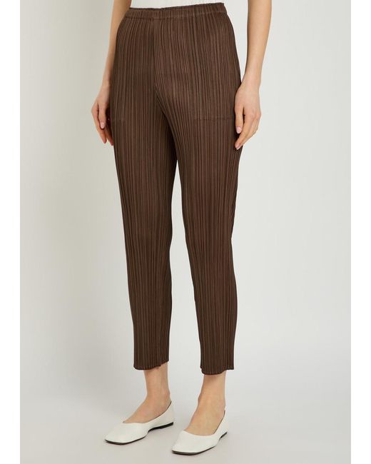 Pleats Please Issey Miyake Brown Pleated Tapered-Leg Woven Trousers