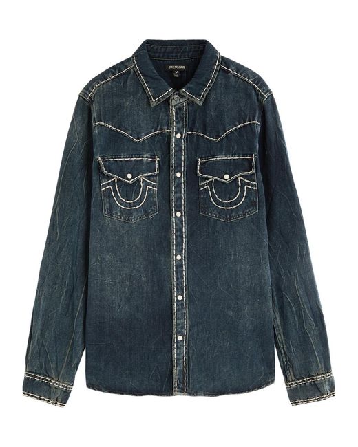 True Religion Blue Western Contrast-Stitch Denim Shirt for men