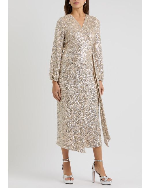 Never Fully Dressed Natural Kira Sequin-Embellished Midi Wrap Dress