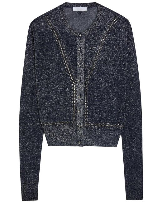 Rabanne Blue Embellished Metallic-Knit Cardigan