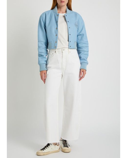AN-Y1 Blue Queen Stud-Embellished Leather Cropped Bomber Jacket