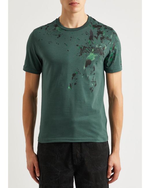 Moschino Green Paint-splatter Logo-print Cotton T-shirt for men