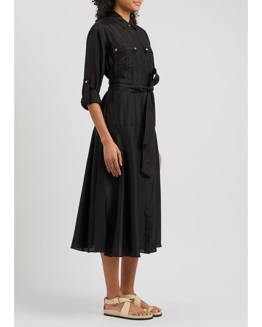 Veronica Beard Black Camille Silk-Satin Midi Shirt Dress