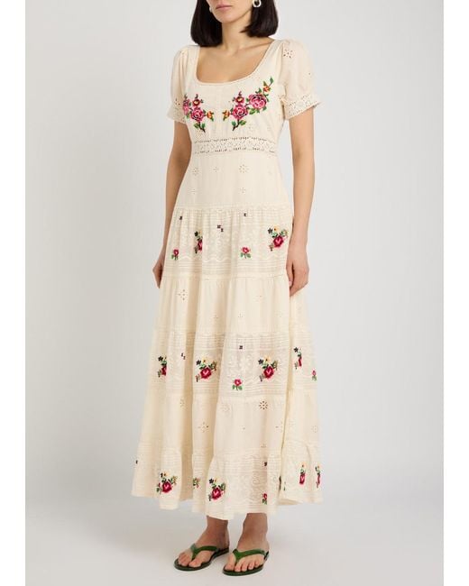 Rixo Natural Cady Embroidered Cotton Midi Dress