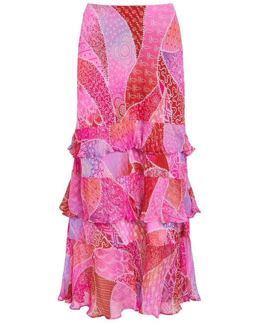 Rixo Pink Preslee Patterned Crepe De Chine Midi Skirt