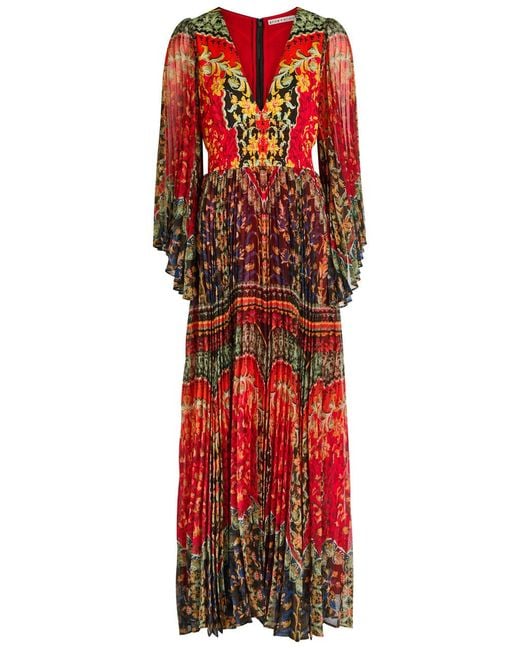 Alice + Olivia Red Bennett Floral-Print Pleated Chiffon Maxi Dress