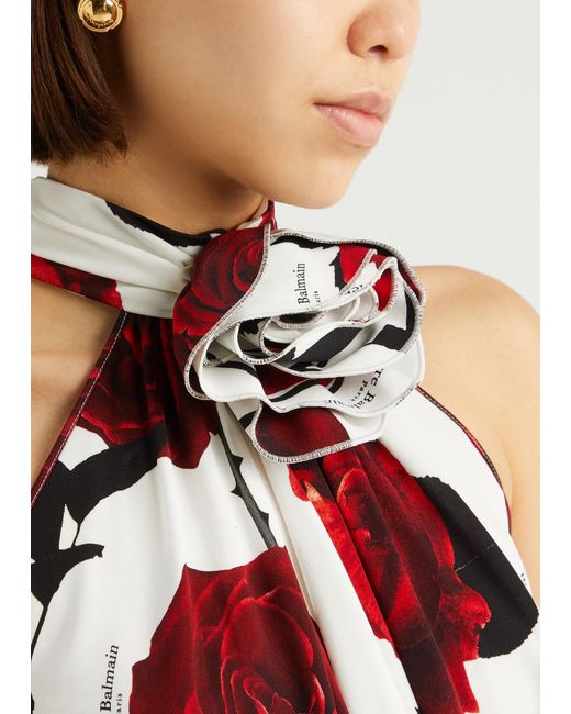 Balmain White Rose-Print Halterneck Draped Mini Dress