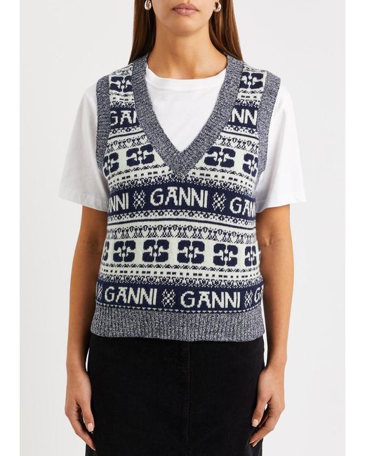 Ganni Blue Logo-intarsia Wool-blend Vest