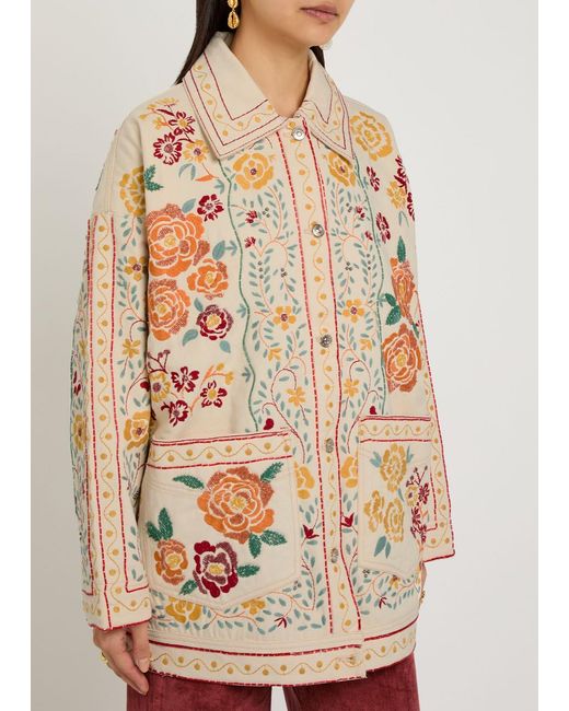 Free People White Avery Floral-Embroidered Denim Jacket