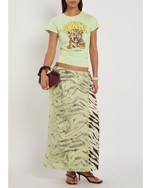 Ganni Natural Zebra-Print Layered Satin Maxi Wrap Skirt