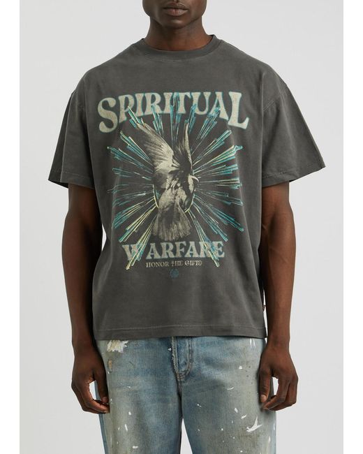 Honor The Gift Gray Spiritual Conflict Printed Cotton T-Shirt for men