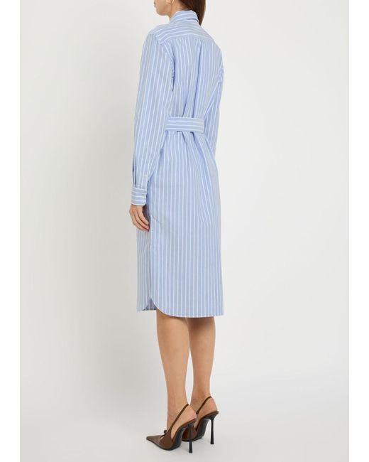 Polo Ralph Lauren Blue Striped Belted Cotton Midi Shirt Dress