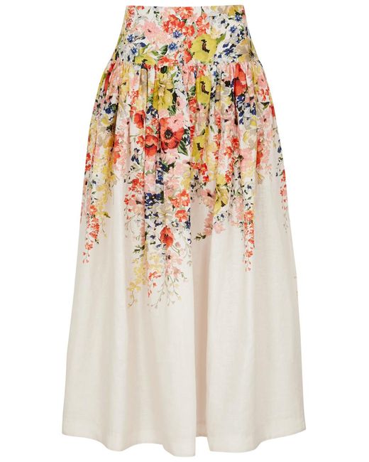 Zimmermann White Alight Floral-print Linen Midi Skirt