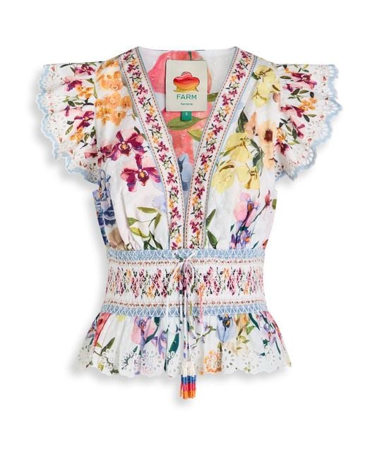 Farm Rio White Greek Garden Floral-Printed Cotton Blouse
