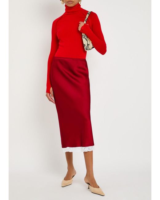 Victoria Beckham Red Lace Trim Satin Midi Slip Skirt