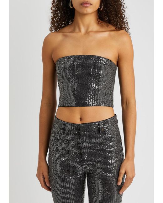 ROTATE BIRGER CHRISTENSEN Black Sequin-embellished Cropped Denim Bandeau Top