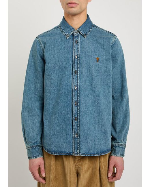 AMI Blue Logo-Embroidered Denim Shirt for men