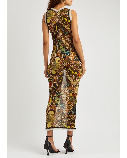 Jean Paul Gaultier Metallic Papillon Printed Lace-Up Tulle Maxi Dress