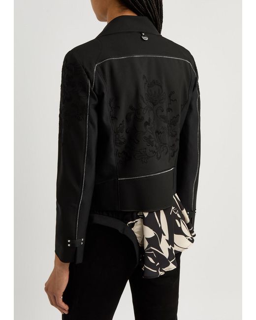 High Black Oblique Embroidered Stretch-Nylon Biker Jacket