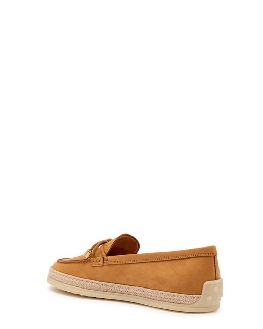 Tod's Brown Raffia-Trim Suede Loafers