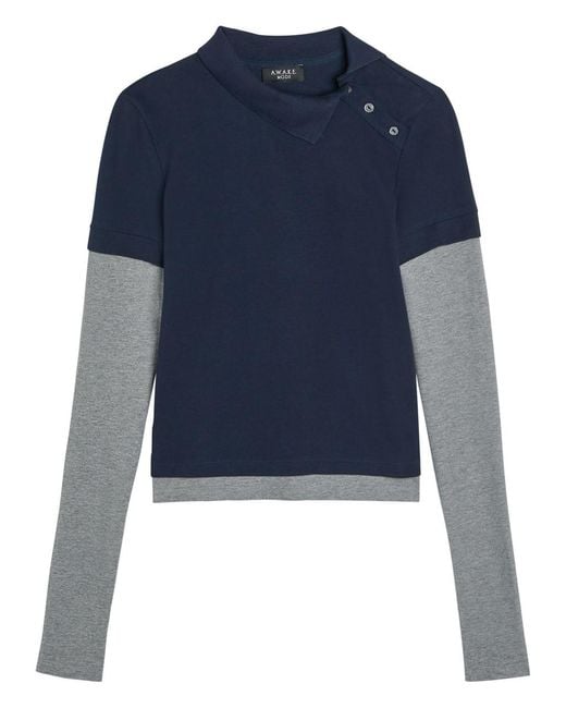 A.W.A.K.E. MODE Blue Asymmetric-Collar Layered Piqué Cotton Polo Shirt