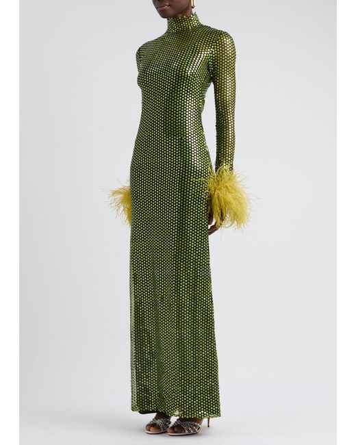 ‎Taller Marmo Green Fonda Pepe Feather-Trimmed Sequin Gown