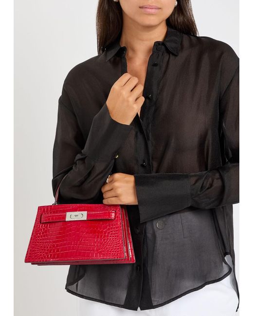 Tory Burch Red Lee Radziwill Mini Crocodile-Effect Leather Top Handle Bag