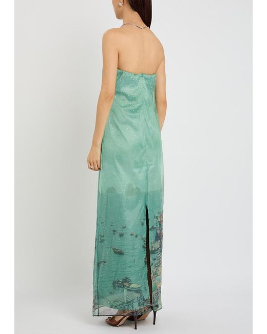 Staud Green Amara Printed Embellished Organza Maxi Dress