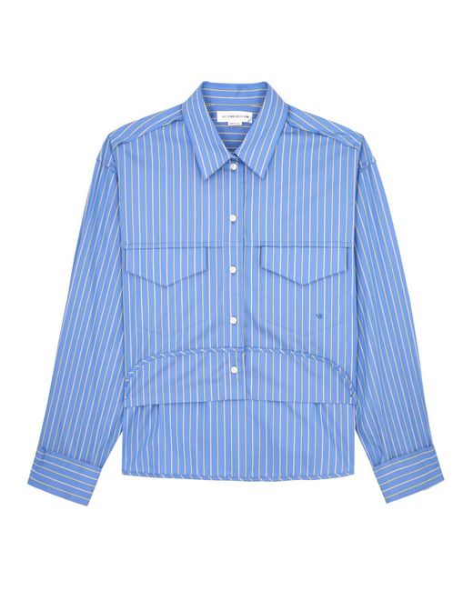 Victoria Beckham Blue Cropped Striped Cotton-Poplin Shirt
