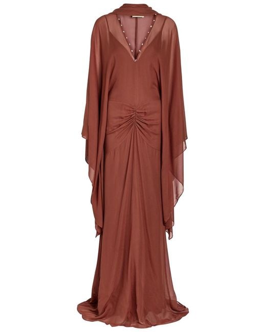 De La Vali Red Florencia Bead-Embellished Chiffon Gown