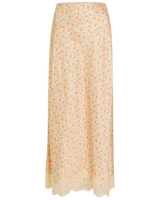 Rixo Natural Matilde Floral-Print Satin Midi Skirt