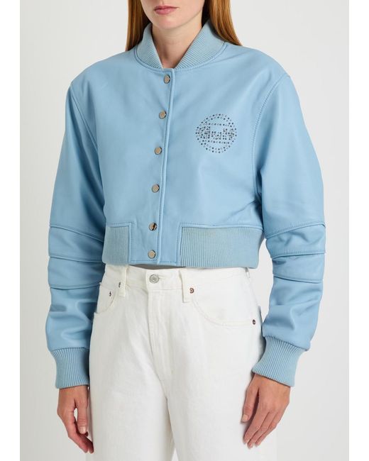 AN-Y1 Blue Queen Stud-Embellished Leather Cropped Bomber Jacket