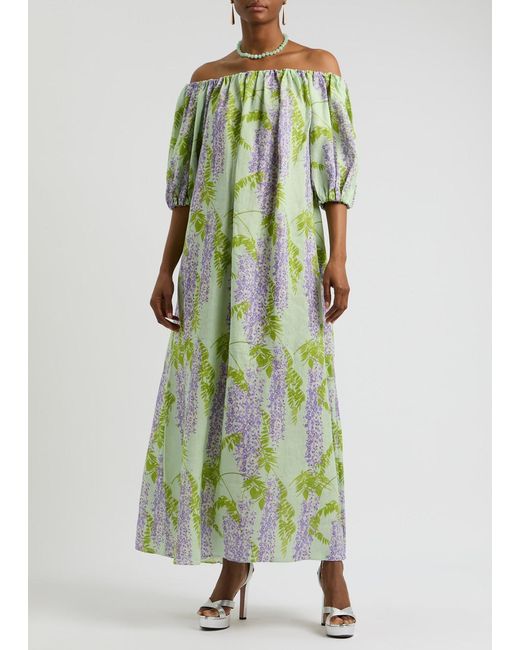 BERNADETTE Green Zaza Floral-Print Linen Maxi Dress