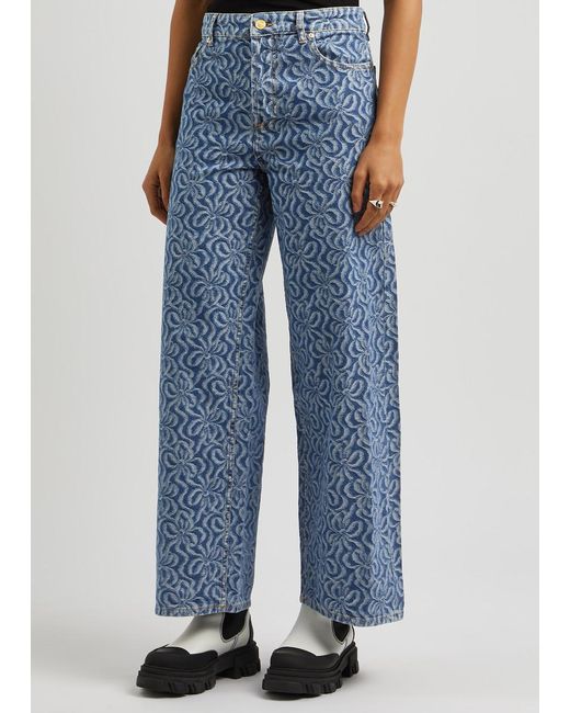 Ganni Blue Floral-jacquard Wide-leg Jeans