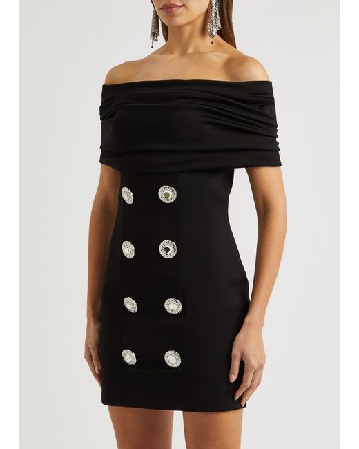 Balmain Black Off-The-Shoulder Embellished Cady Mini Dress