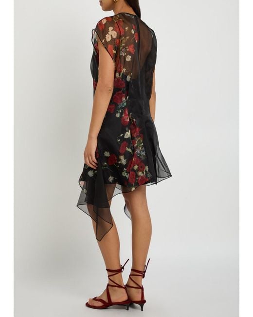 Khaite Black Merith Floral-Print Ruffled Silk Mini Dress