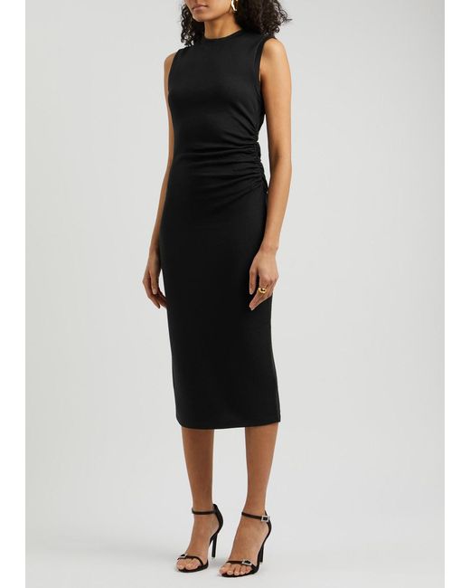 Vince Black Ruched Knitted Midi Dress