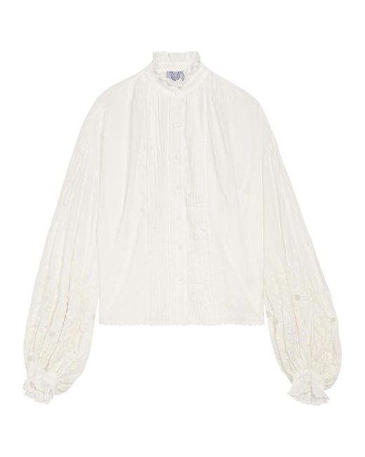Thierry Colson White Slava Embroidered Balloon Sleeve Cotton Shirt