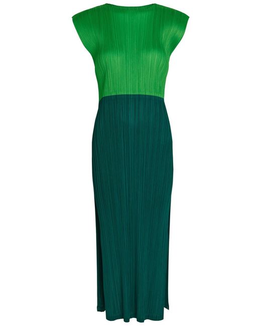 Pleats Please Issey Miyake Green Pleated Woven Midi Dress